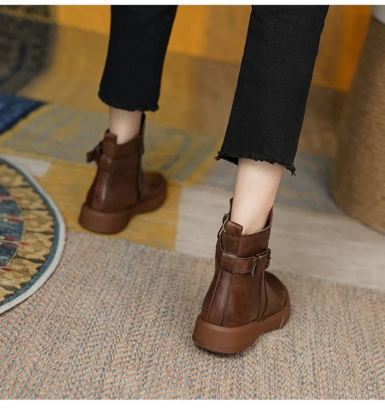 ElegraStep | Leren enkellaarzen voor dames met gesp aan de zijkant, casual winterschoenen