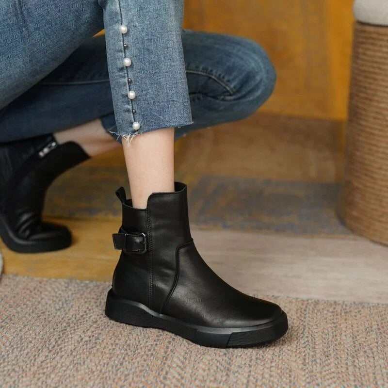 ElegraStep | Leren enkellaarzen voor dames met gesp aan de zijkant, casual winterschoenen