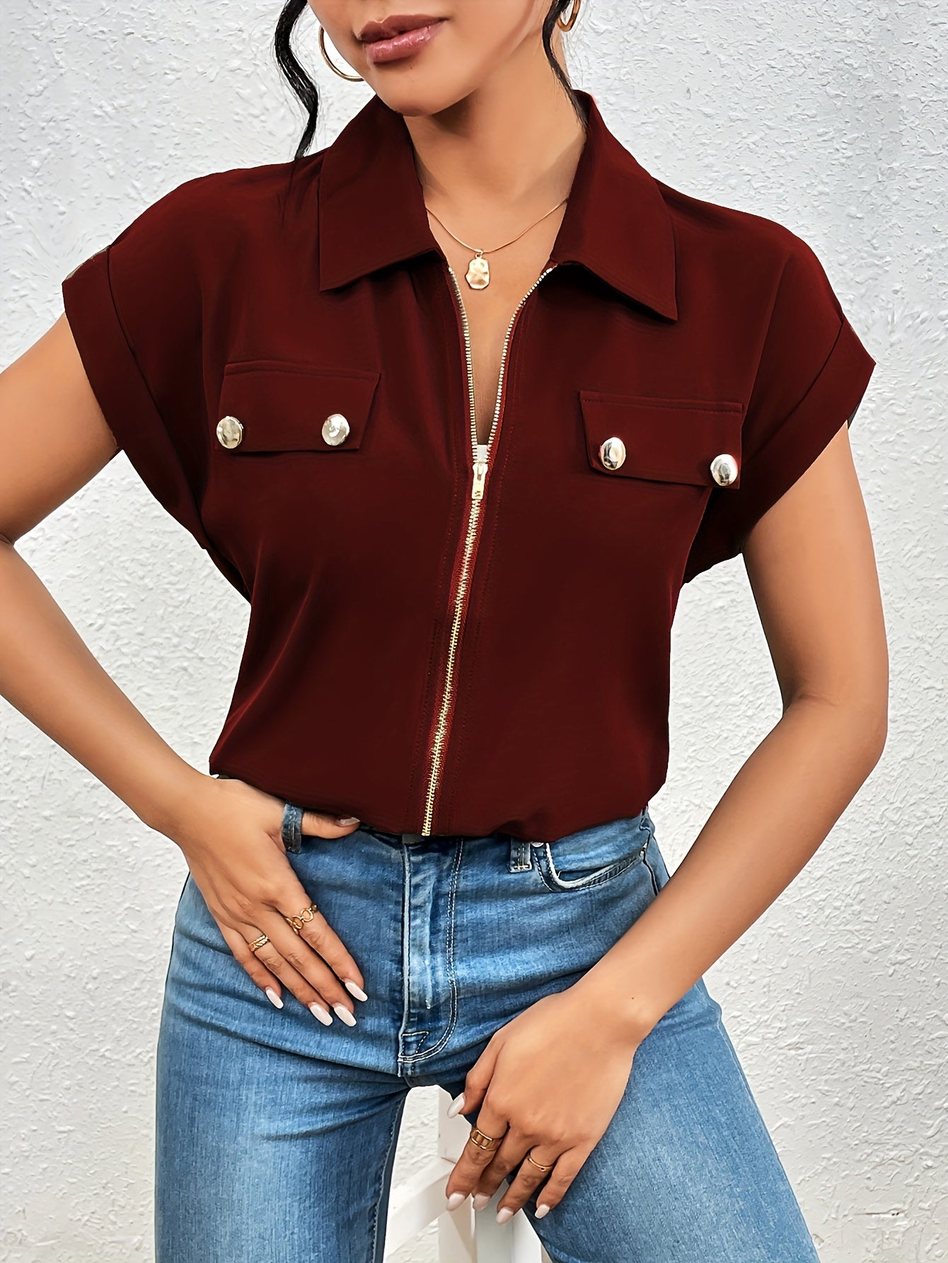 Vedis | Elegante Blouse met Ritssluiting voor Vrouwen - Chic Korte Mouw Top met Reverskraag