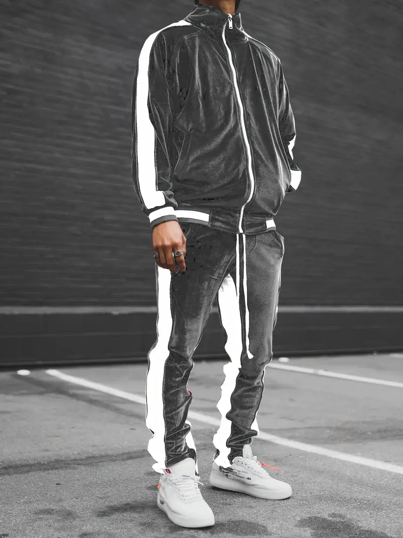 Klaudio | Men’s Velvet Tracksuit 2-Piece Set – Zipper Hoodie & Drawstring Pants, Lounge, Sports, Casual Wear