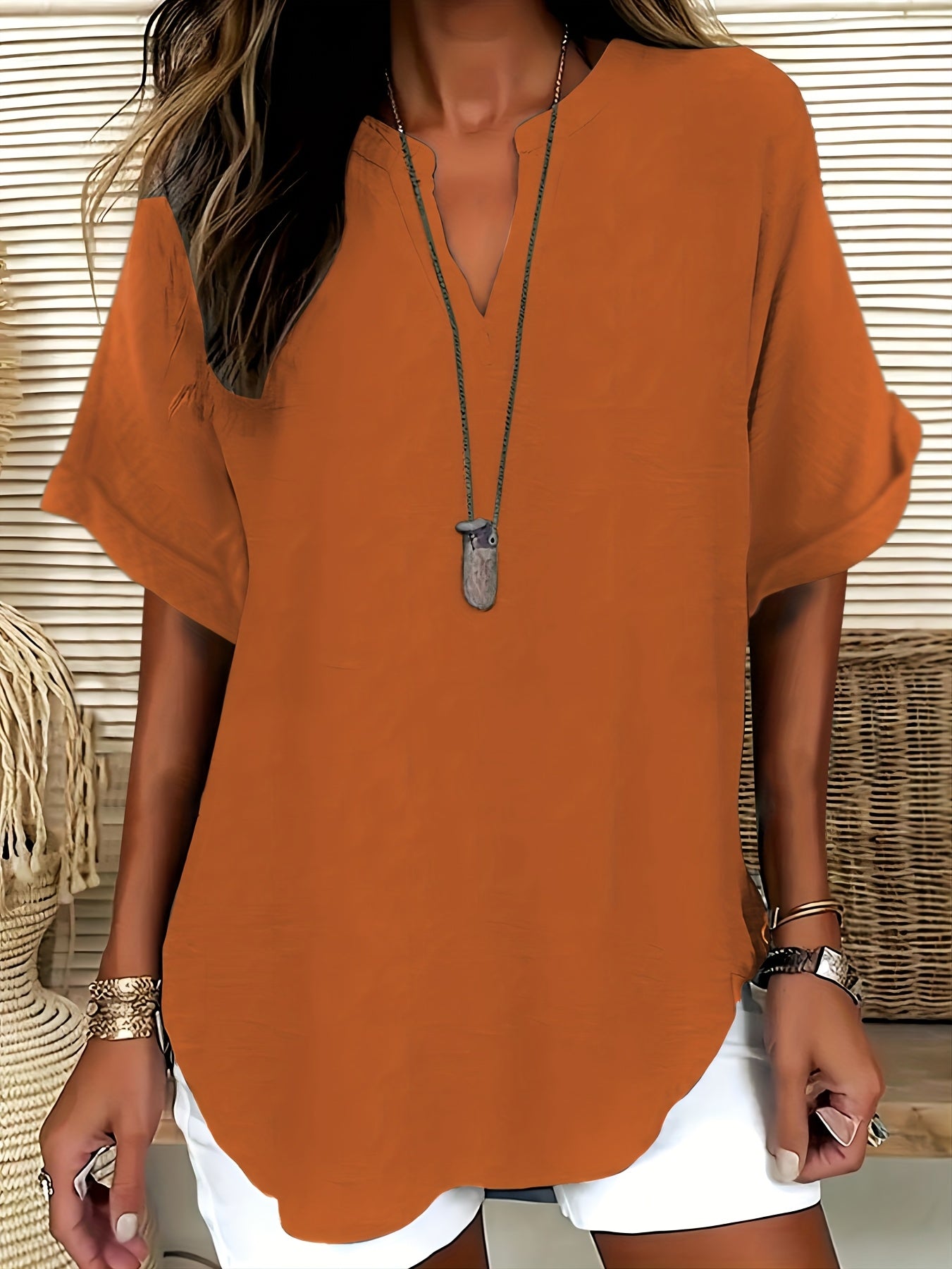 Elaria | Vrouwen V-Hals Blouse - Effen Kleur Losjes-Fit Korte Mouw Top