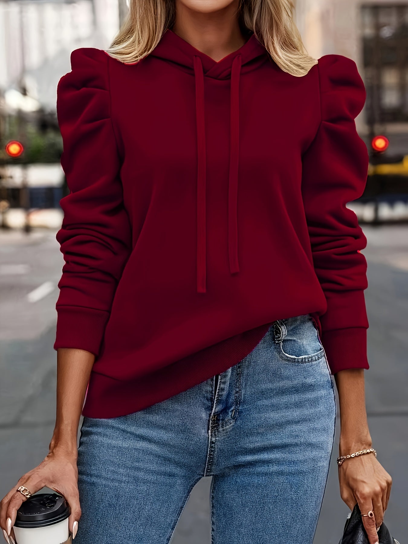 Liliora | Effen hoodie voor dames – Casual sweatshirt met lange pofmouwen en trekkoord