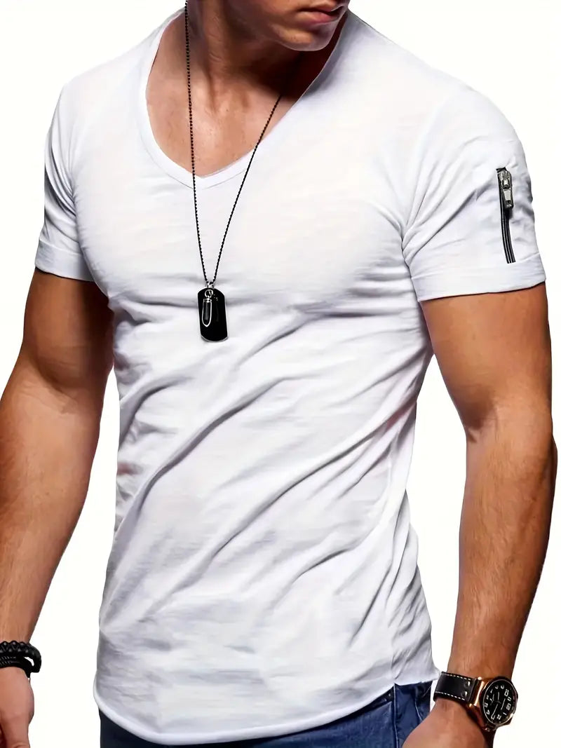 Gobor | Heren-T-shirt met V-hals en korte mouwen met ritsaccenten - Casual T-shirt van katoen