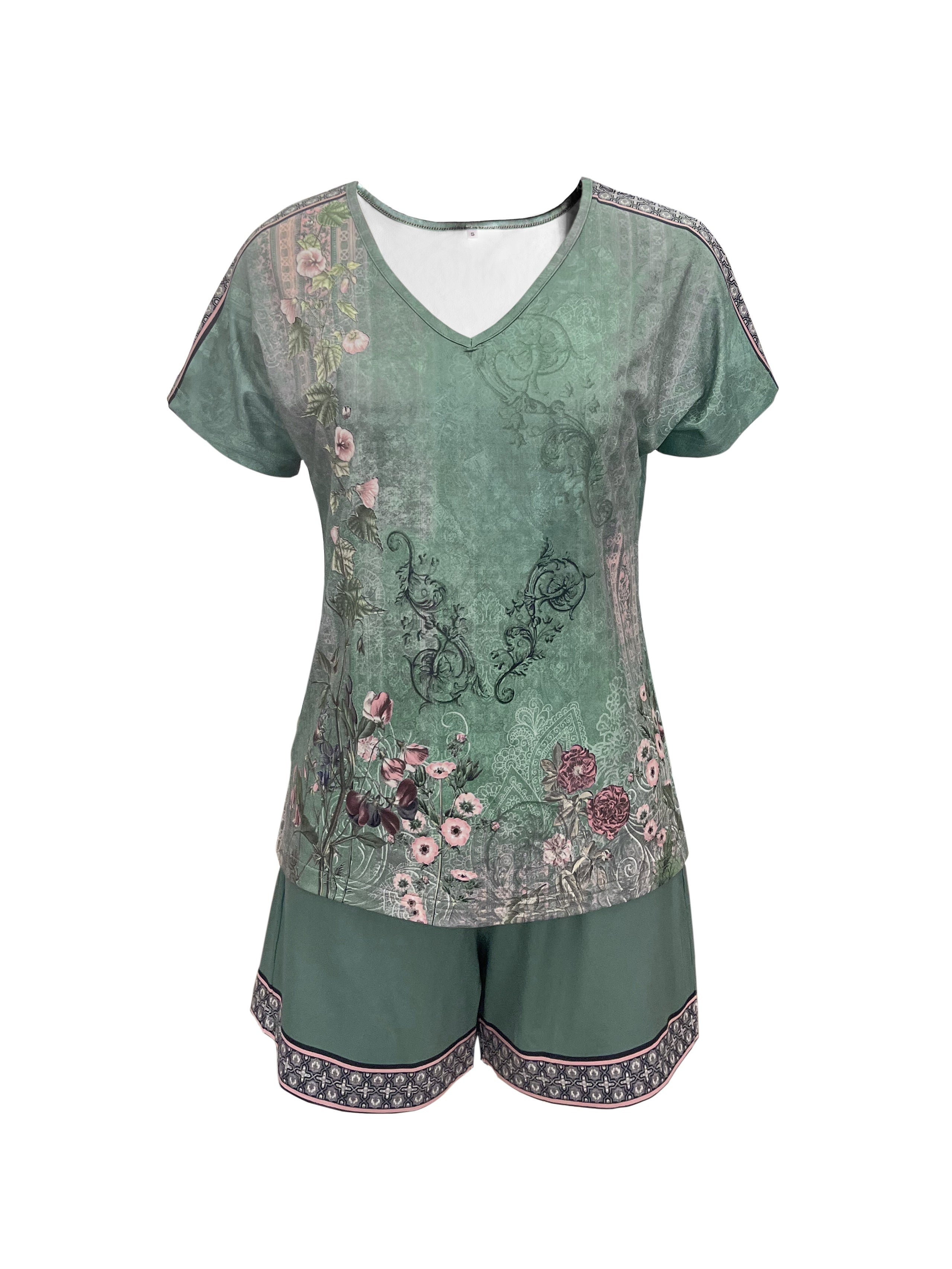 Oriana | V-neck Bohemian Floral Print Top & Drawstring Shorts 2-Piece Set for Women – Casual Retro Outfit