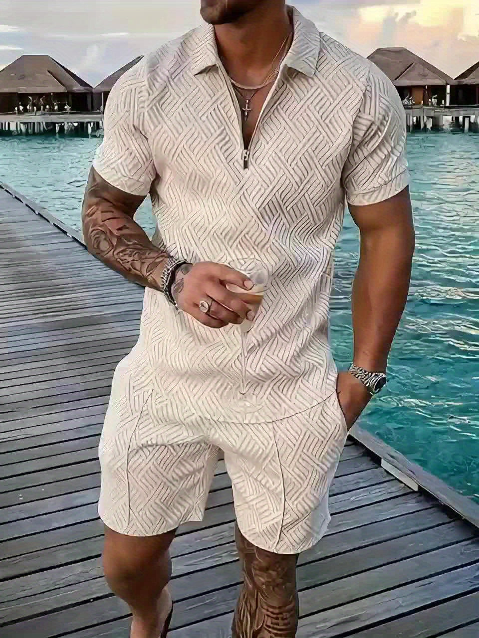 Baldric | Heren casual poloshirt met geweven geometrische print & koord Shorts Set