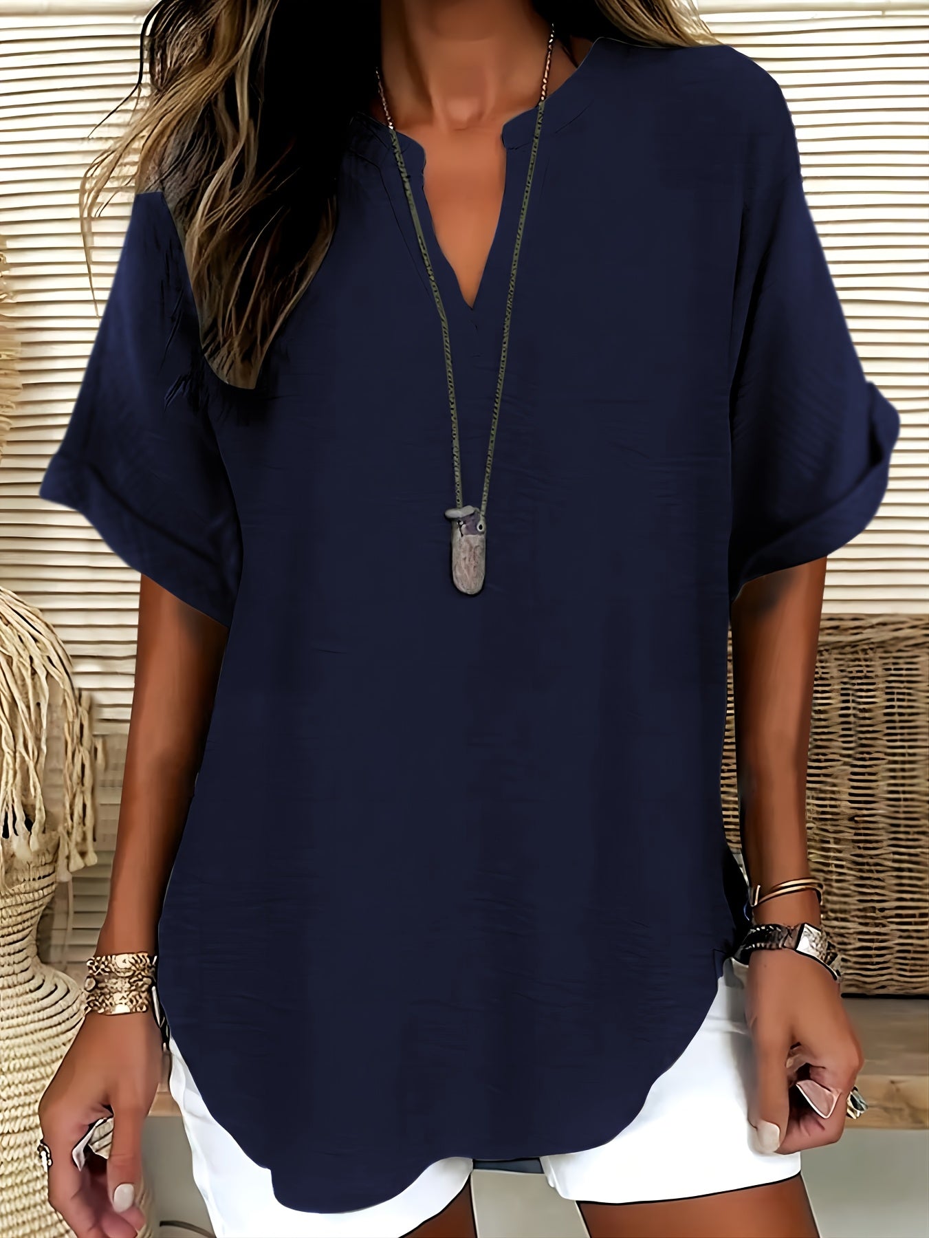 Elaria | Vrouwen V-Hals Blouse - Effen Kleur Losjes-Fit Korte Mouw Top