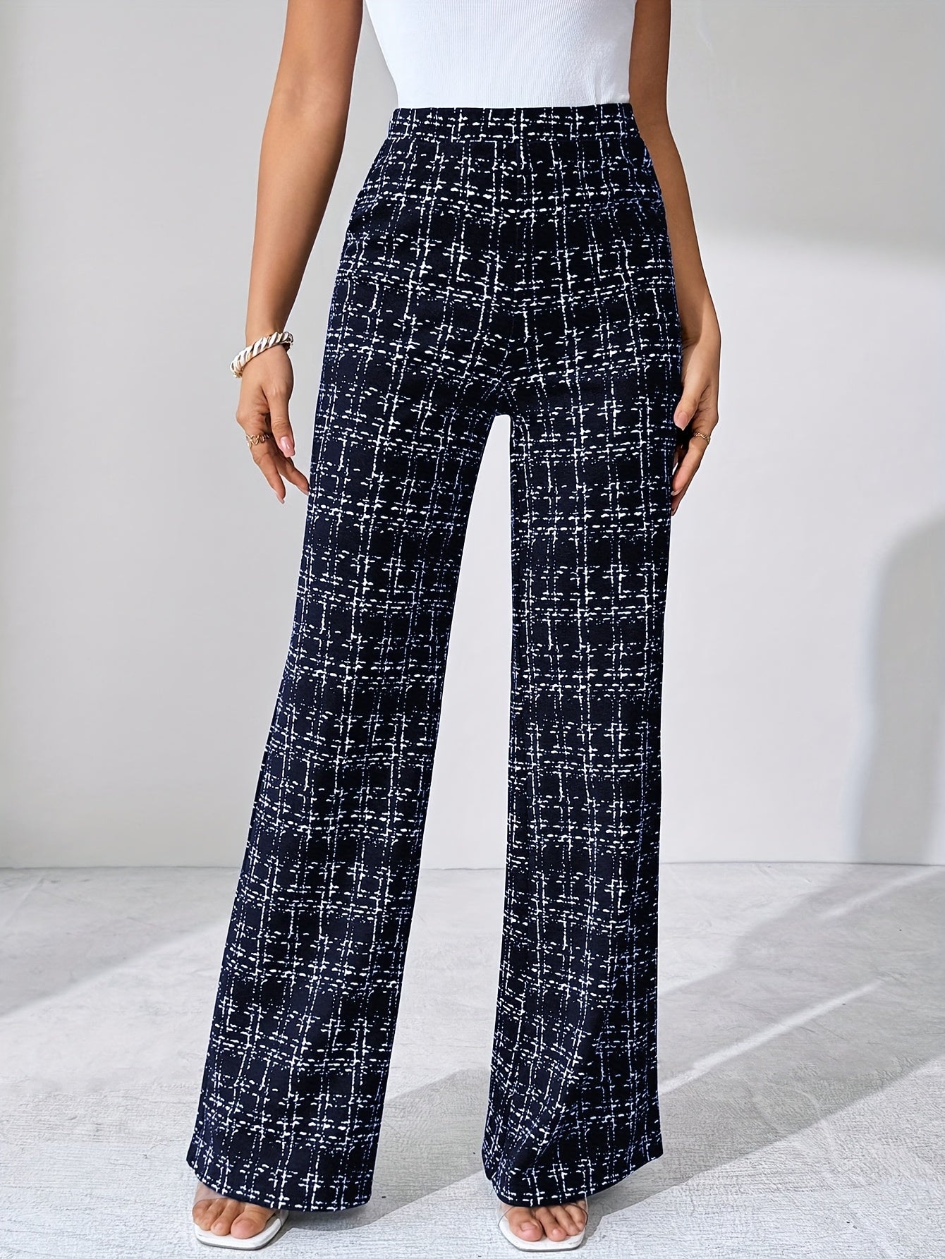 Laverna | Hoge taille geruite tweed flare broek voor dames – Rekbare casual broek met wijde pijpen