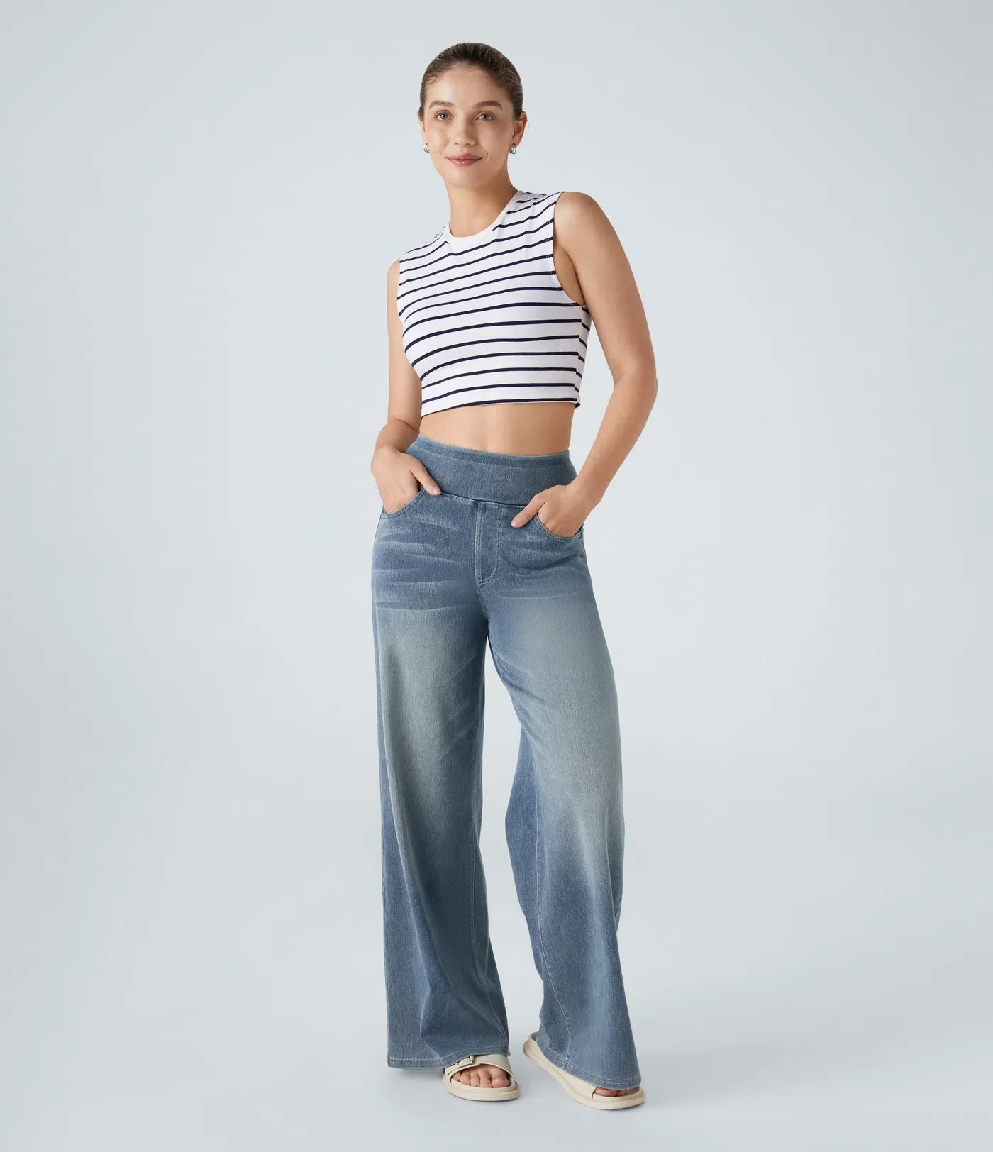 Riona | Broek met hoge taille en elastische wijde pijpen voor dames - Trendy, casual denim