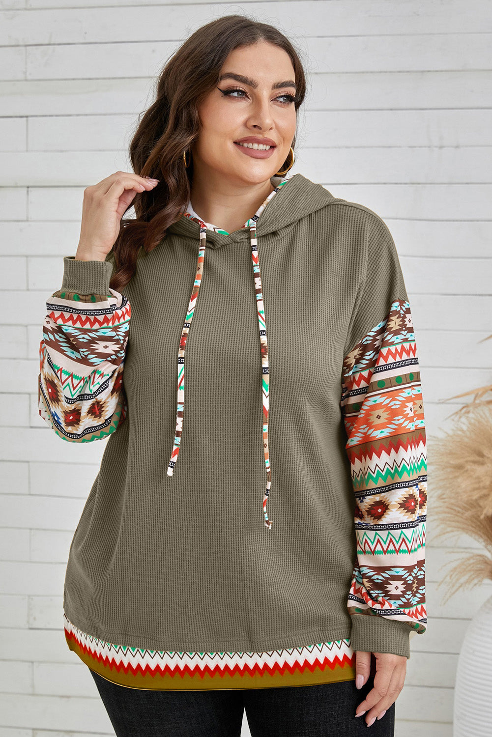 Penira | Azteek patchwork mouw wafel gebreide koord hoodie - Pullover Casual Lange Mouw Hooded Top