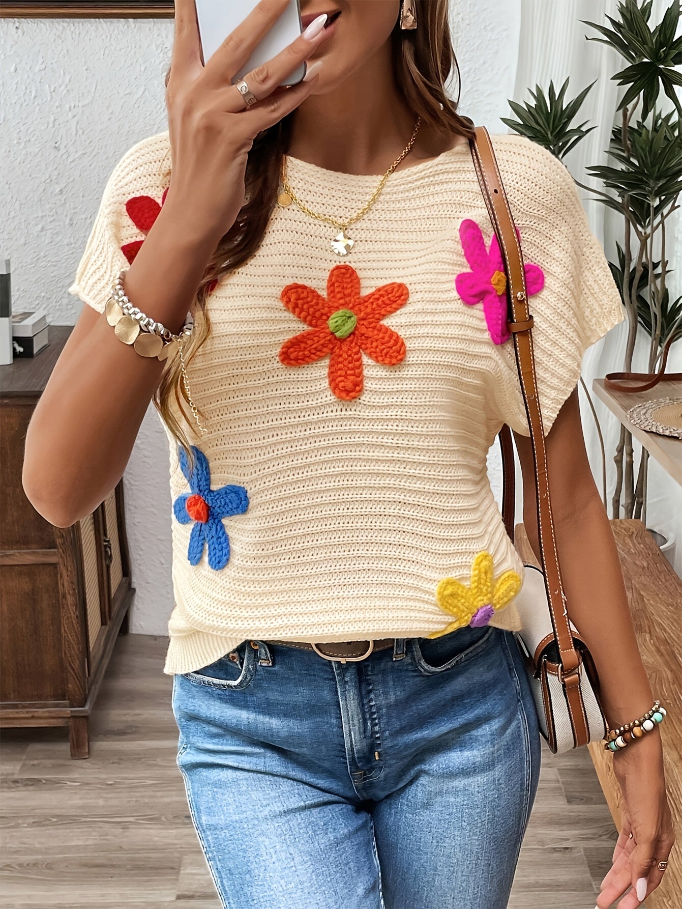Ozara | Geborduurde damesblouse met 3D bloemen - Elegante gebreide viscose top