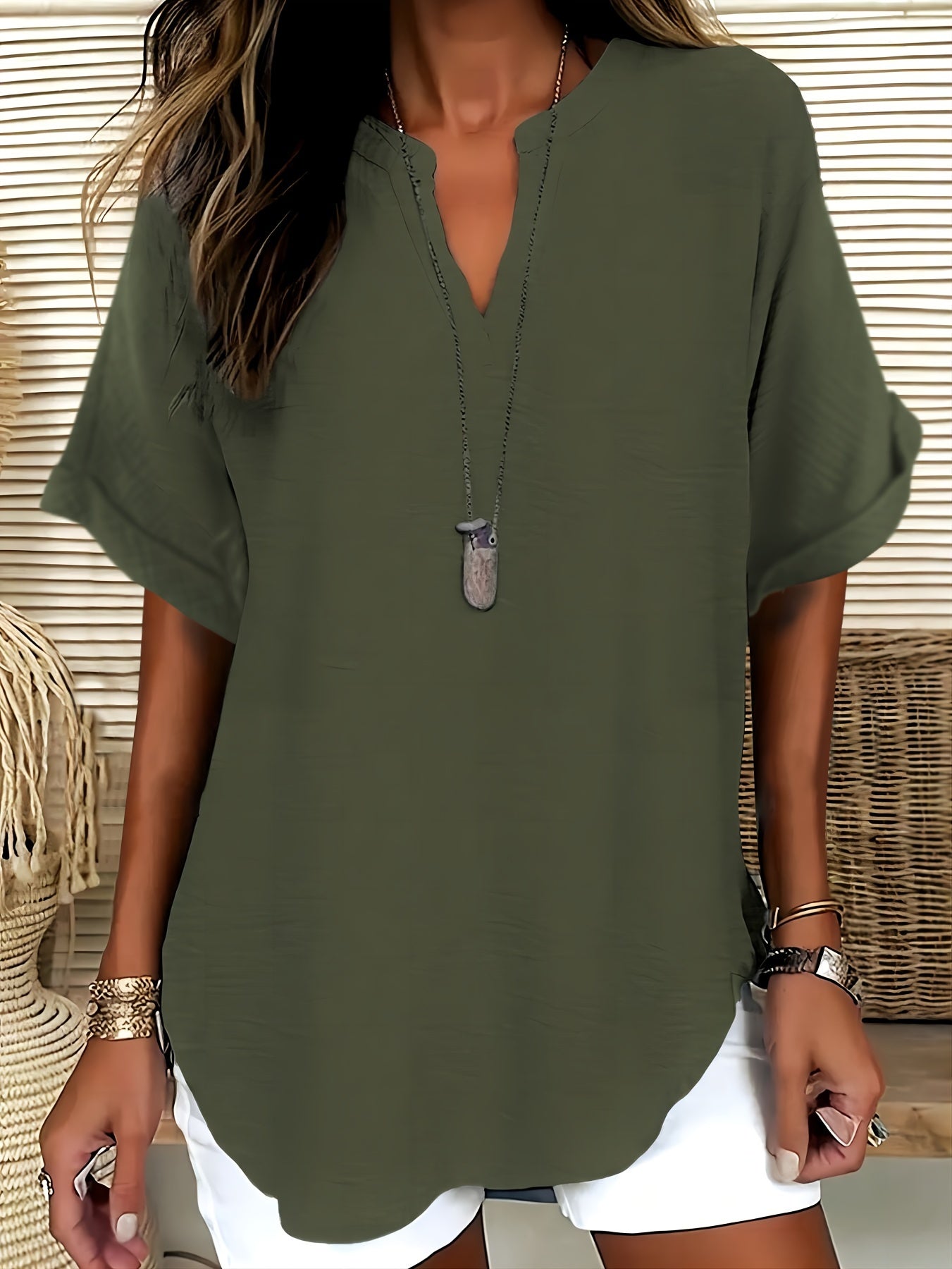 Elaria | Vrouwen V-Hals Blouse - Effen Kleur Losjes-Fit Korte Mouw Top