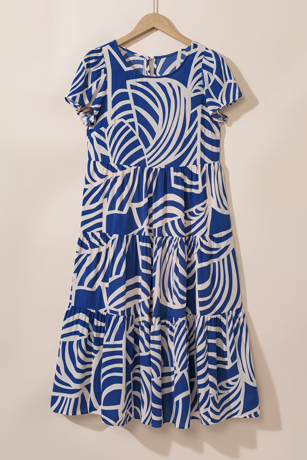 Xelira | Boho Midi-jurk - Geometrische lijnen print, korte mouwen, uitlopende zoom