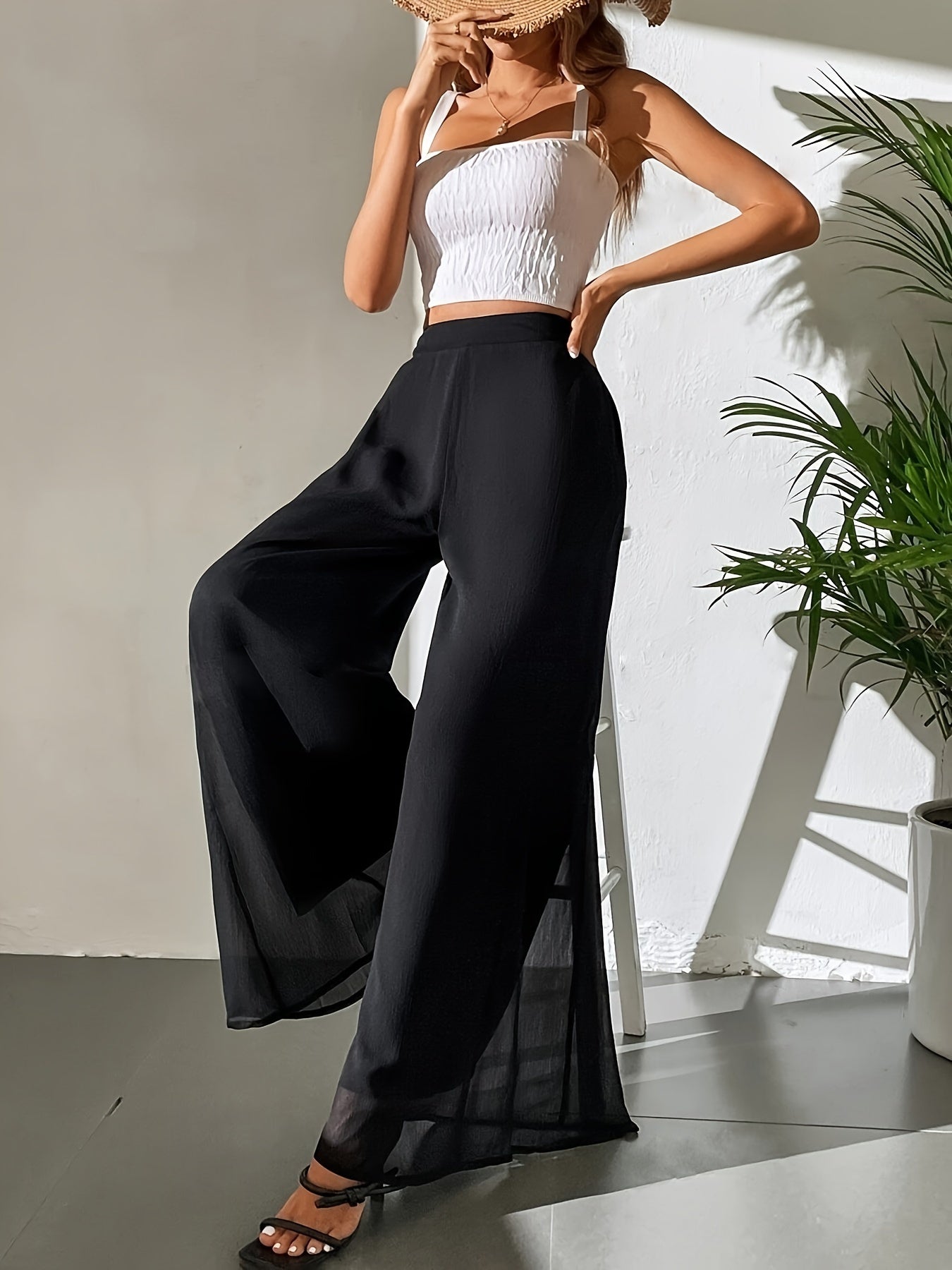 Quiana | Zwarte wijde broek met hoge taille voor dames - vloeiend, voor casual en elegante stijl