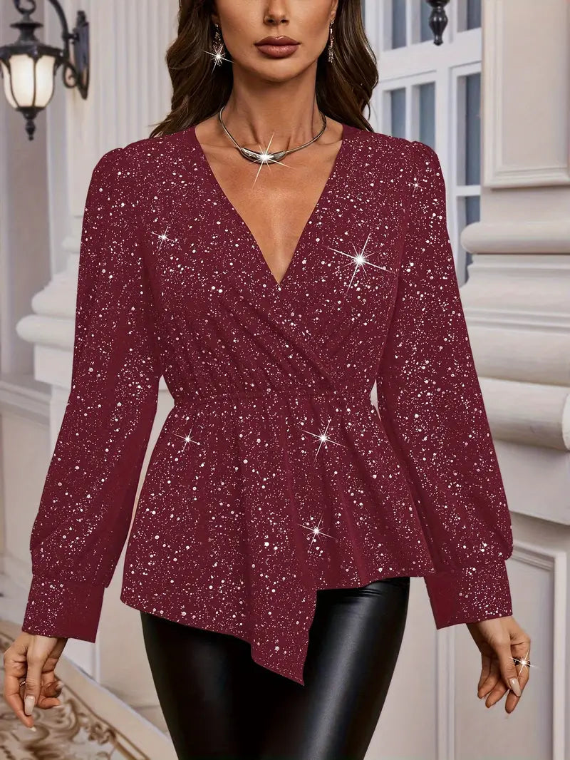 Verena | Damesblouse met pailletten en V-hals - Elegante top met lange mouwen en gerimpelde zoom