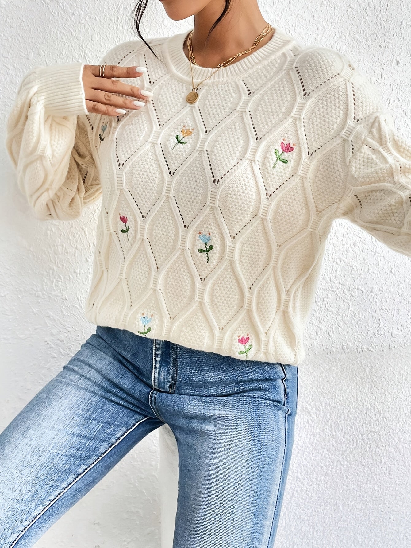 Unyssa | Geborduurde Bloemen Trui voor Dames – Elegante Gebreide Top