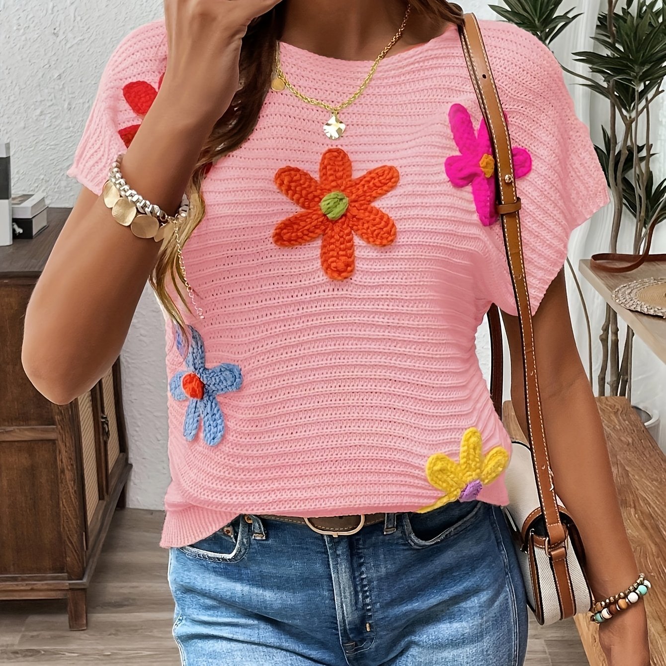 Ozara | Geborduurde damesblouse met 3D bloemen - Elegante gebreide viscose top