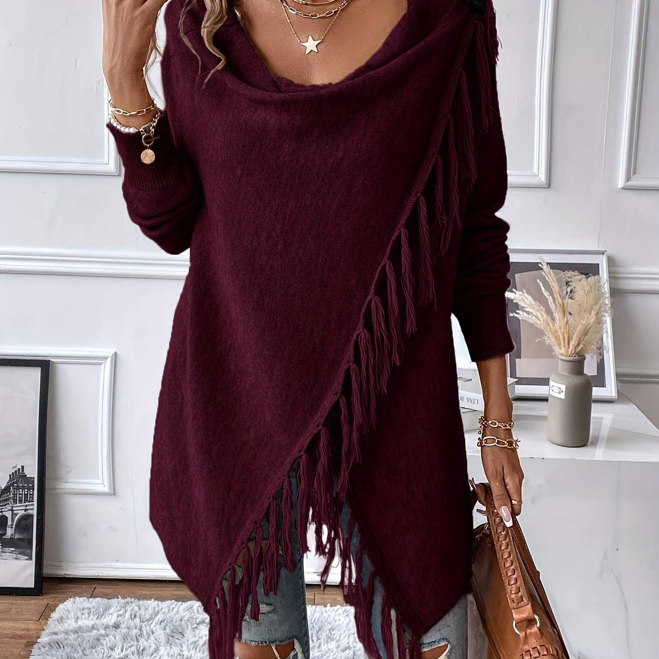 Wenja | Dames sjaal met franjes en kwastjes – Elegante gedrapeerde sjaal voor herfst- en winteroutfits