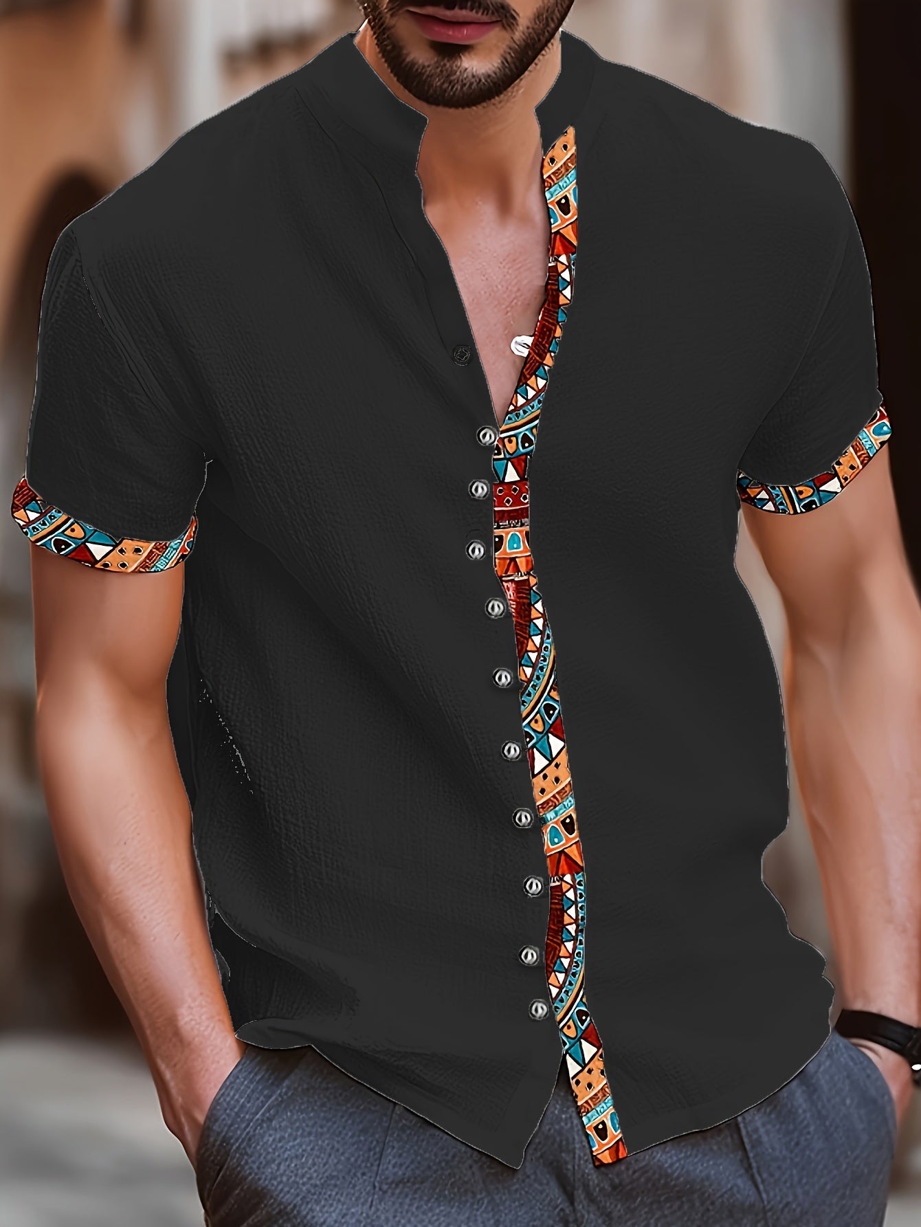 Denison | Overhemd met korte mouwen en geometrische print voor heren - casual overhemd voor vakantie en dagelijkse kleding
