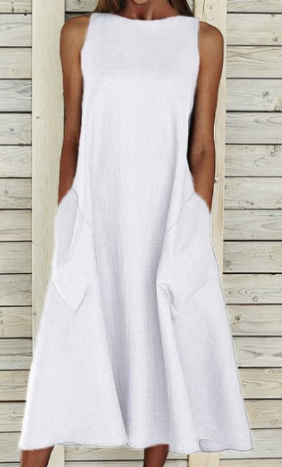 Vionna | Elegante Mouwloze Katoenen Midi Jurk met Zakken - A-Line Fit, Casual Zomerjurk
