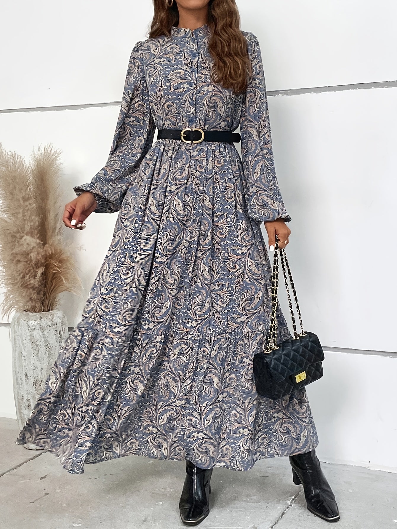 Luciana | Allover print jurk met knoopsluiting, Elegante Lantaarn Mouwen Soepelvallende Jurk voor Dames