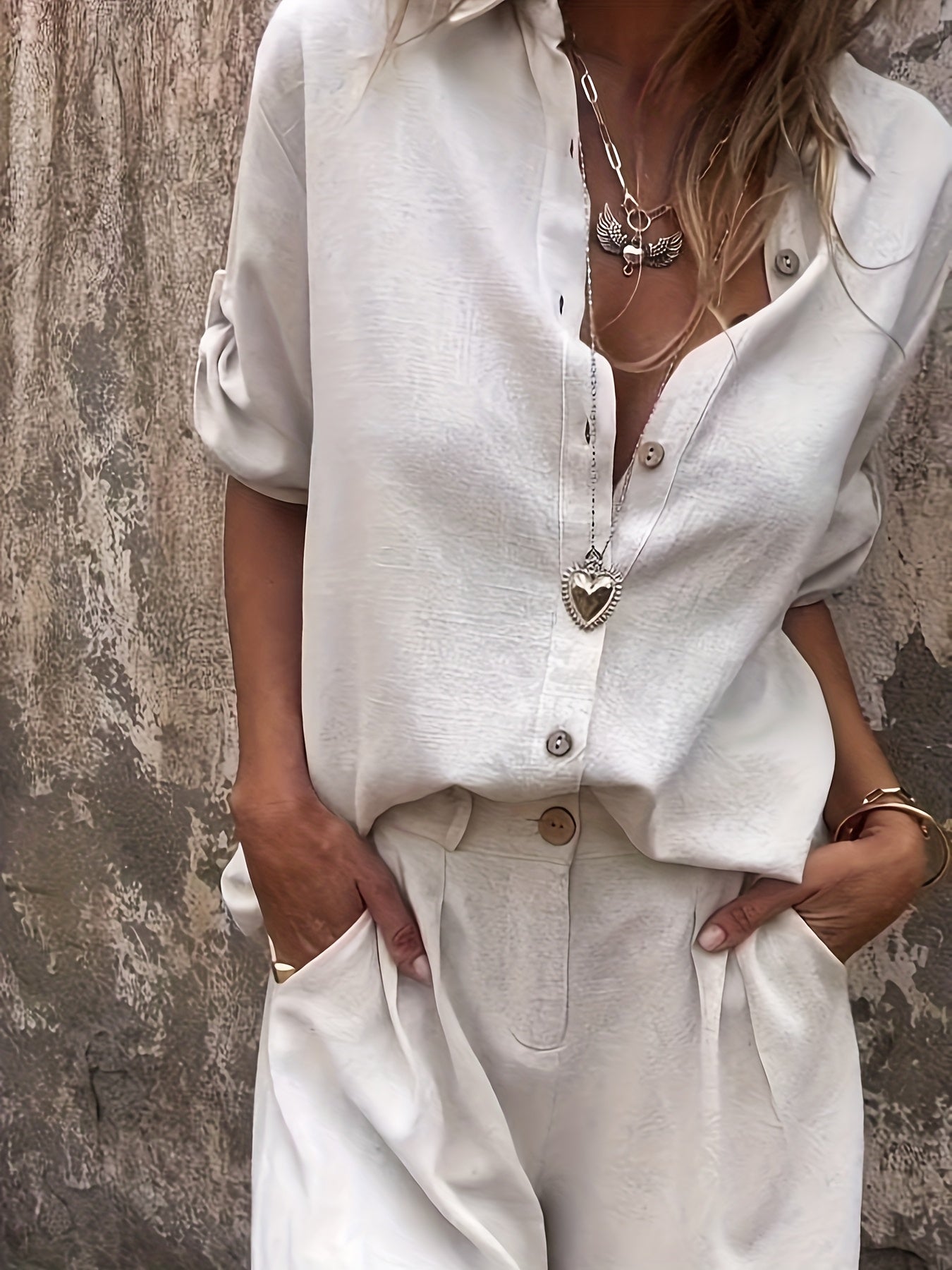 Elasha | Linnen tweedelige set voor dames - oversized overhemd met knoopsluiting & shorts