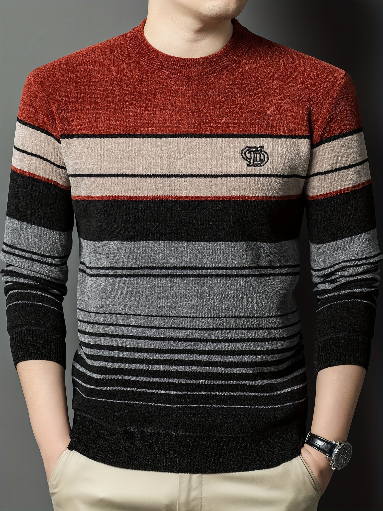 Dagursson | Thermische fleece gevoerde wintertrui voor heren – Warme gestreepte gebreide pullover