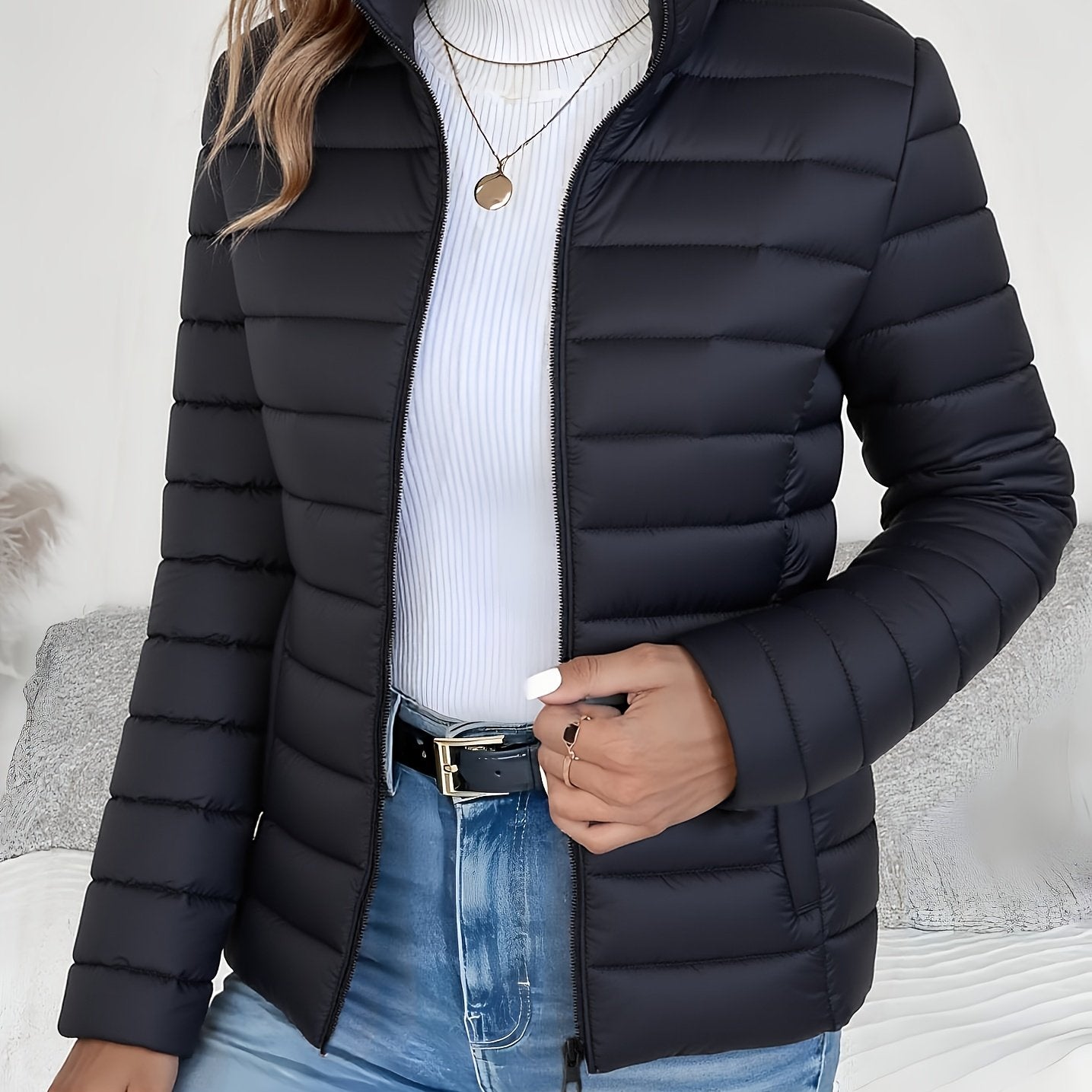 Cille | Lichtgewicht lange pufferjas – Elegante gewatteerde winterjas met opstaande kraag