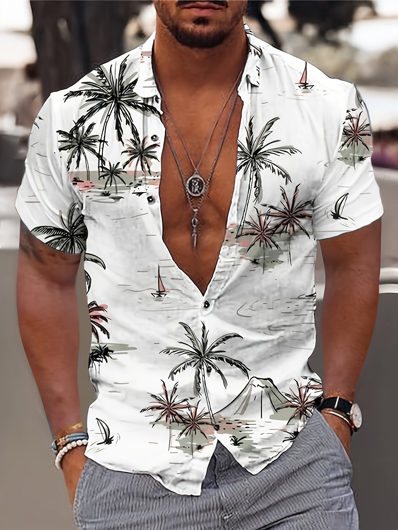 Kurt | Heren Hawaii Overhemd - Kokosnoot Boom Print, Korte Mouw, Casual Zomer Overhemd