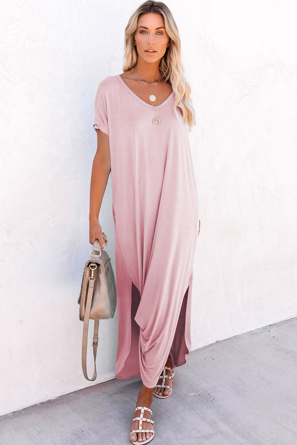 Kaedia | Maxi-jurk met V-hals, Casual Relaxed Fit, Ademend Katoen, Met Zakken