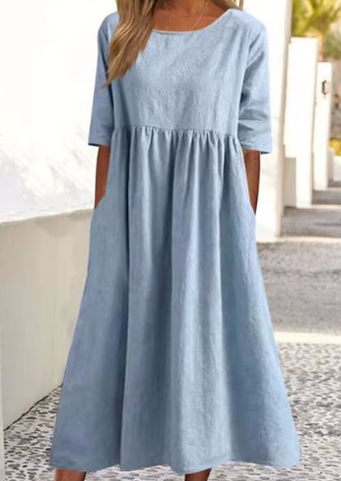 Noora | Klassieke katoen-linnen jurk met korte mouwen en zakken - Zomer Casual Midi