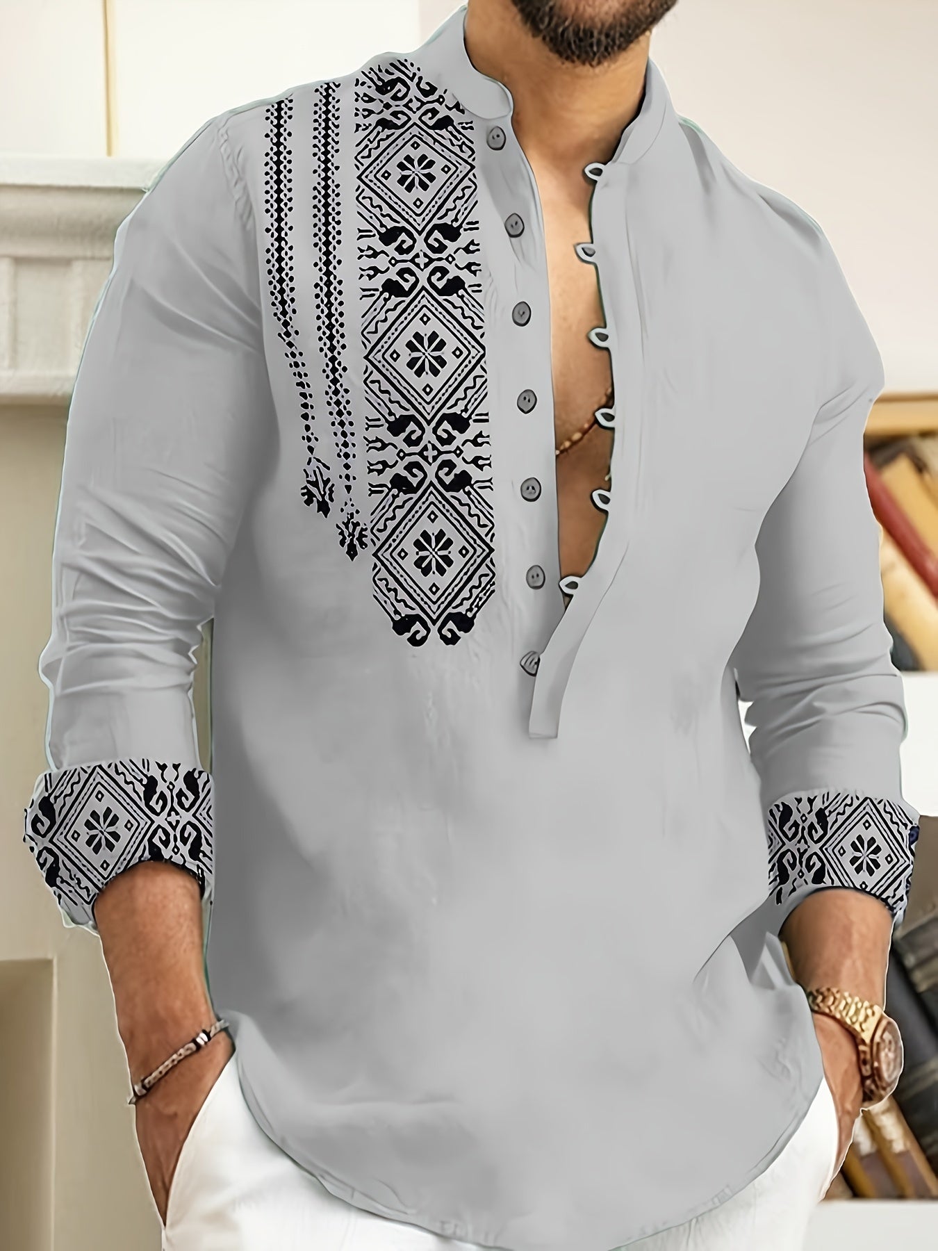Valdemar | Heren Henley Overhemd met lange mouwen - Geometrisch patroon, Staande kraag