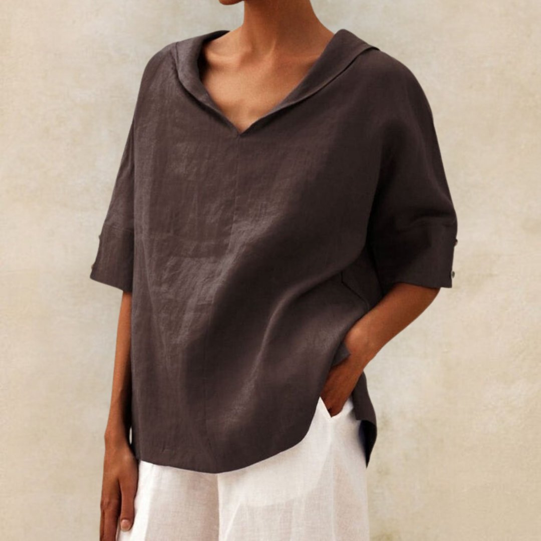 Desmira | Vrouwen Linnen Relaxed-Fit Tuniek met Halve Mouwen - Knooploos Casual Zomershirt