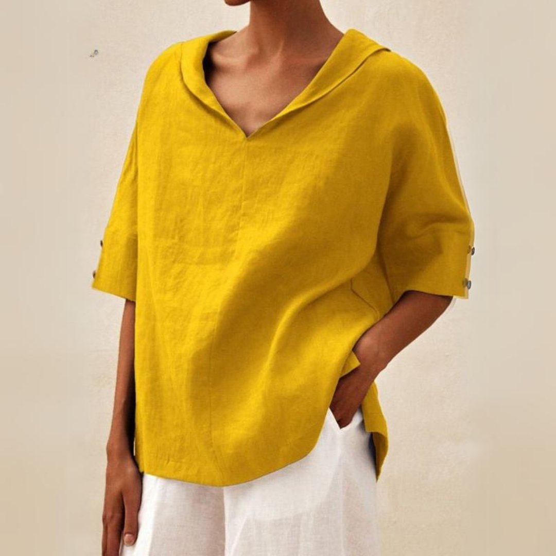 Desmira | Vrouwen Linnen Relaxed-Fit Tuniek met Halve Mouwen - Knooploos Casual Zomershirt