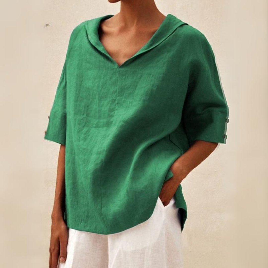 Desmira | Vrouwen Linnen Relaxed-Fit Tuniek met Halve Mouwen - Knooploos Casual Zomershirt