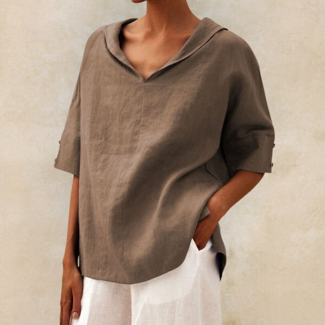 Desmira | Vrouwen Linnen Relaxed-Fit Tuniek met Halve Mouwen - Knooploos Casual Zomershirt
