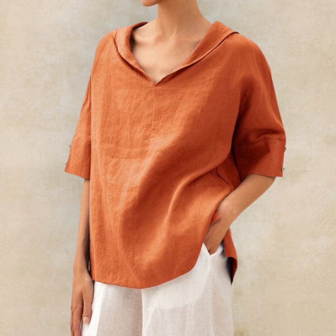 Desmira | Vrouwen Linnen Relaxed-Fit Tuniek met Halve Mouwen - Knooploos Casual Zomershirt