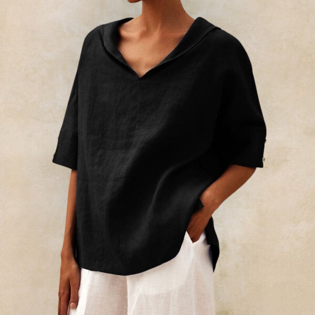 Desmira | Vrouwen Linnen Relaxed-Fit Tuniek met Halve Mouwen - Knooploos Casual Zomershirt