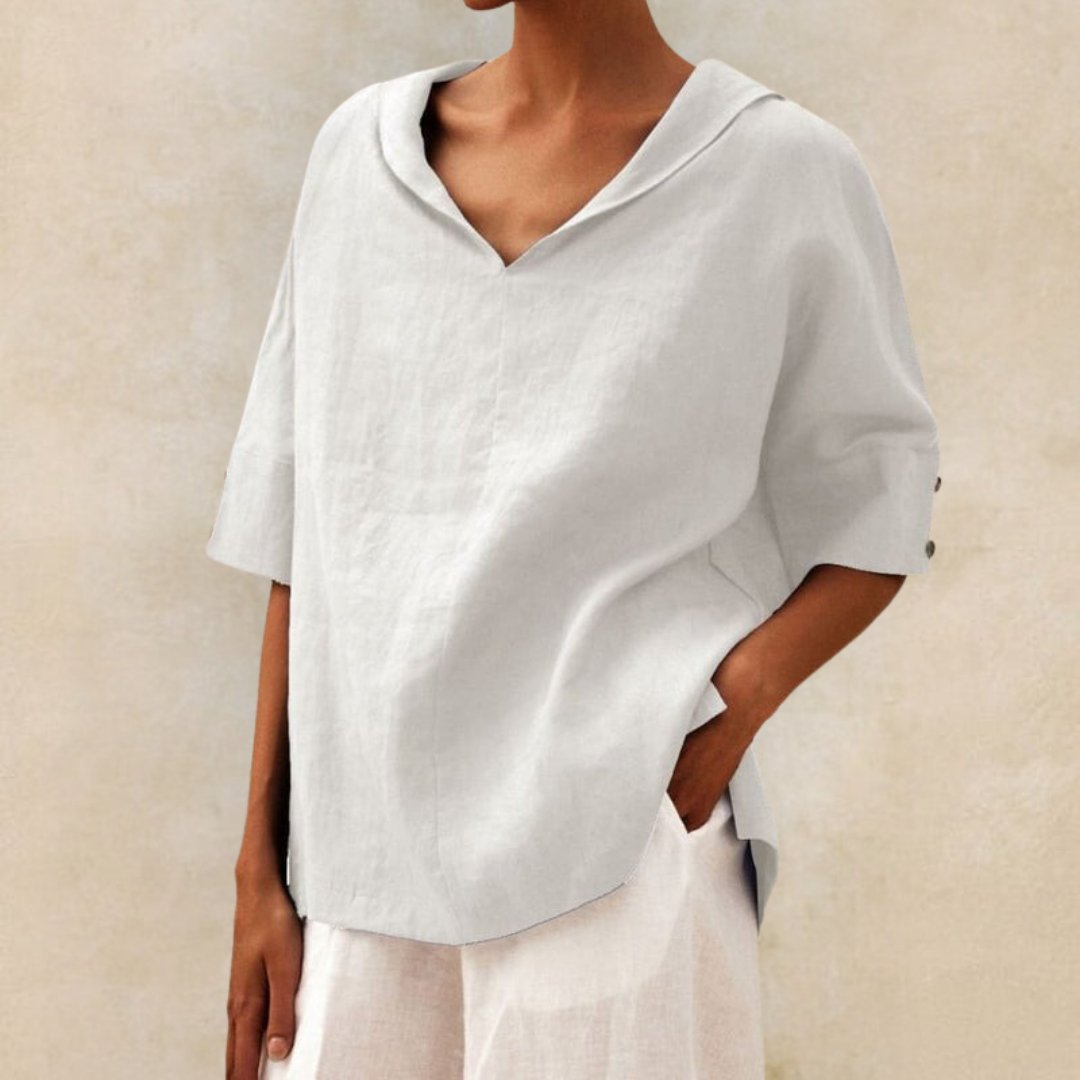 Desmira | Vrouwen Linnen Relaxed-Fit Tuniek met Halve Mouwen - Knooploos Casual Zomershirt