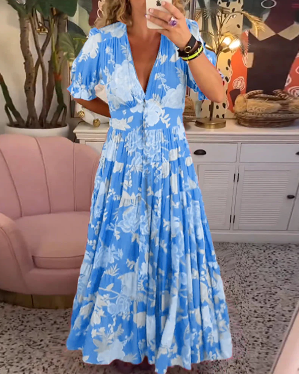 Gisaya | Bloemen V-hals Maxi Dress - Bloemenpatroon, Puff Korte Mouwen, Midi Lange Jurk voor Vrouwen