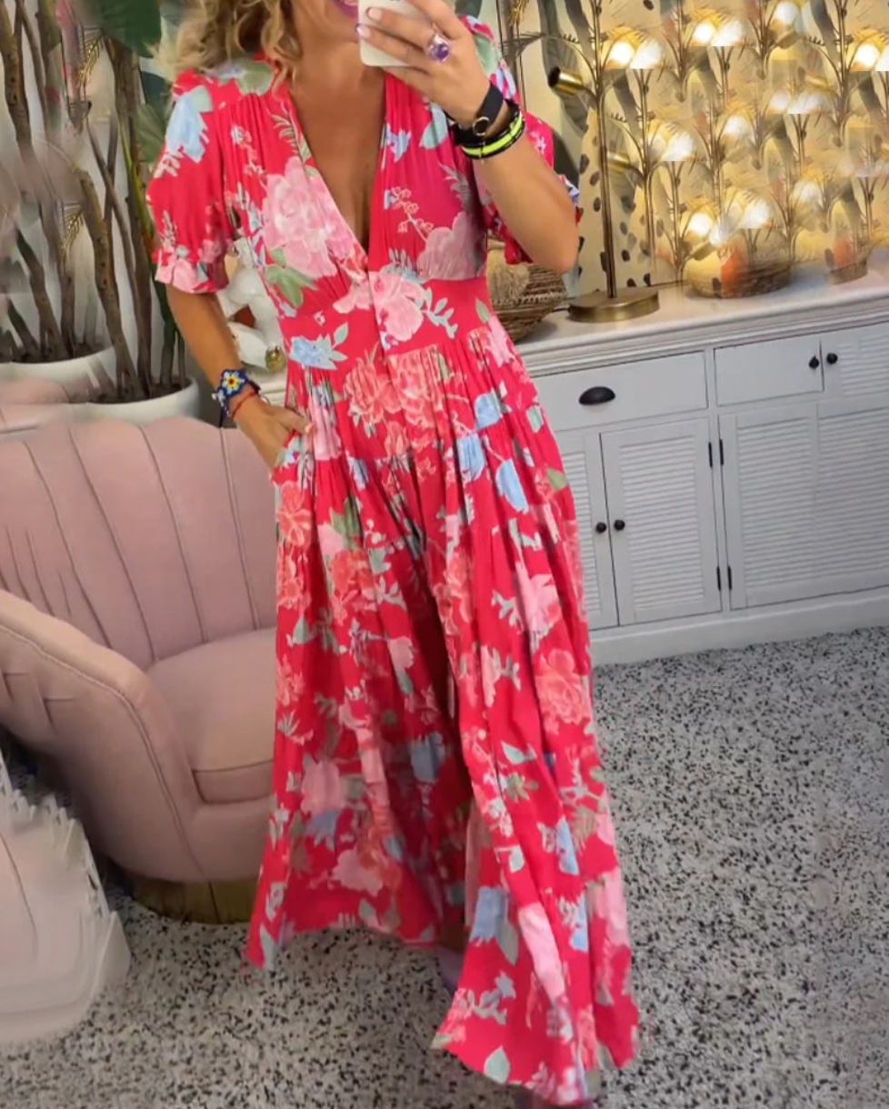 Gisaya | Bloemen V-hals Maxi Dress - Bloemenpatroon, Puff Korte Mouwen, Midi Lange Jurk voor Vrouwen