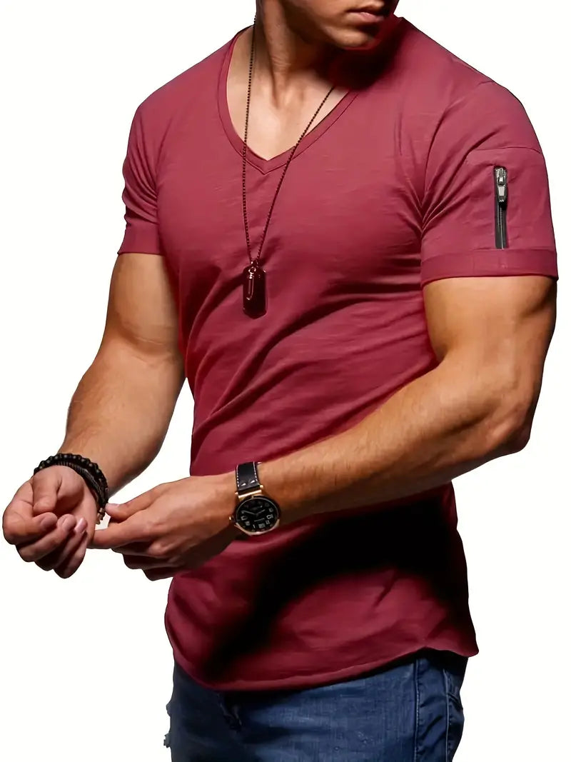 Gobor | Heren-T-shirt met V-hals en korte mouwen met ritsaccenten - Casual T-shirt van katoen