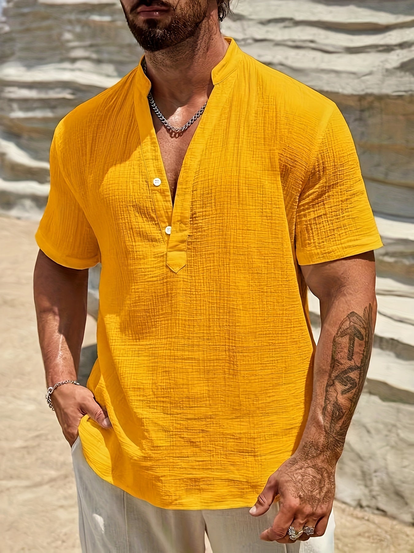 Artur | Casual katoenen herenhemd met Henley - korte mouwen, zomerstrandkleding