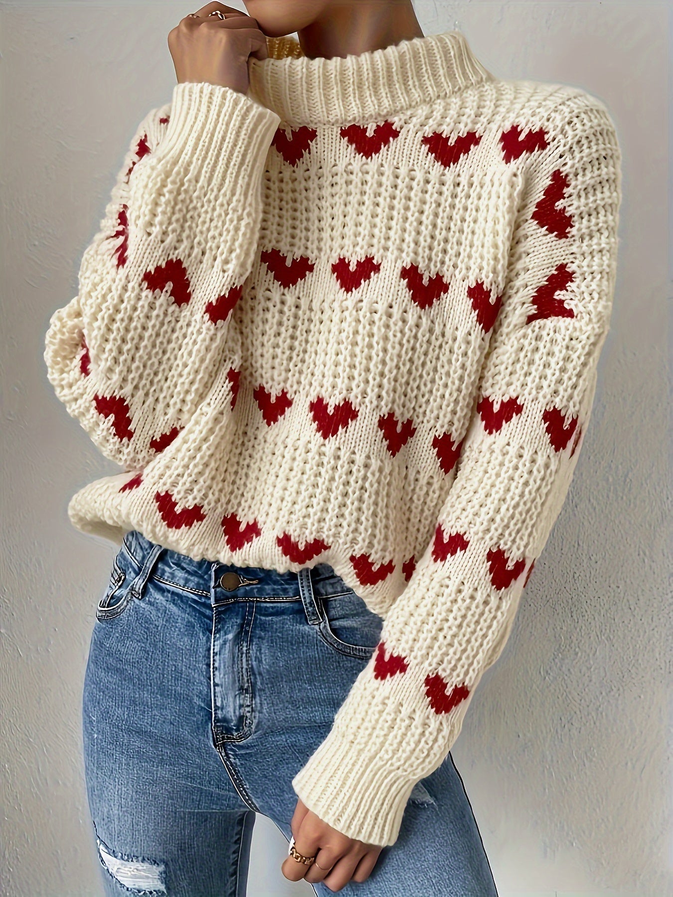 Irindra | Gebreide trui met hartpatroon - Hoge hals, Pullover met lange mouwen voor herfst-winter casual kleding