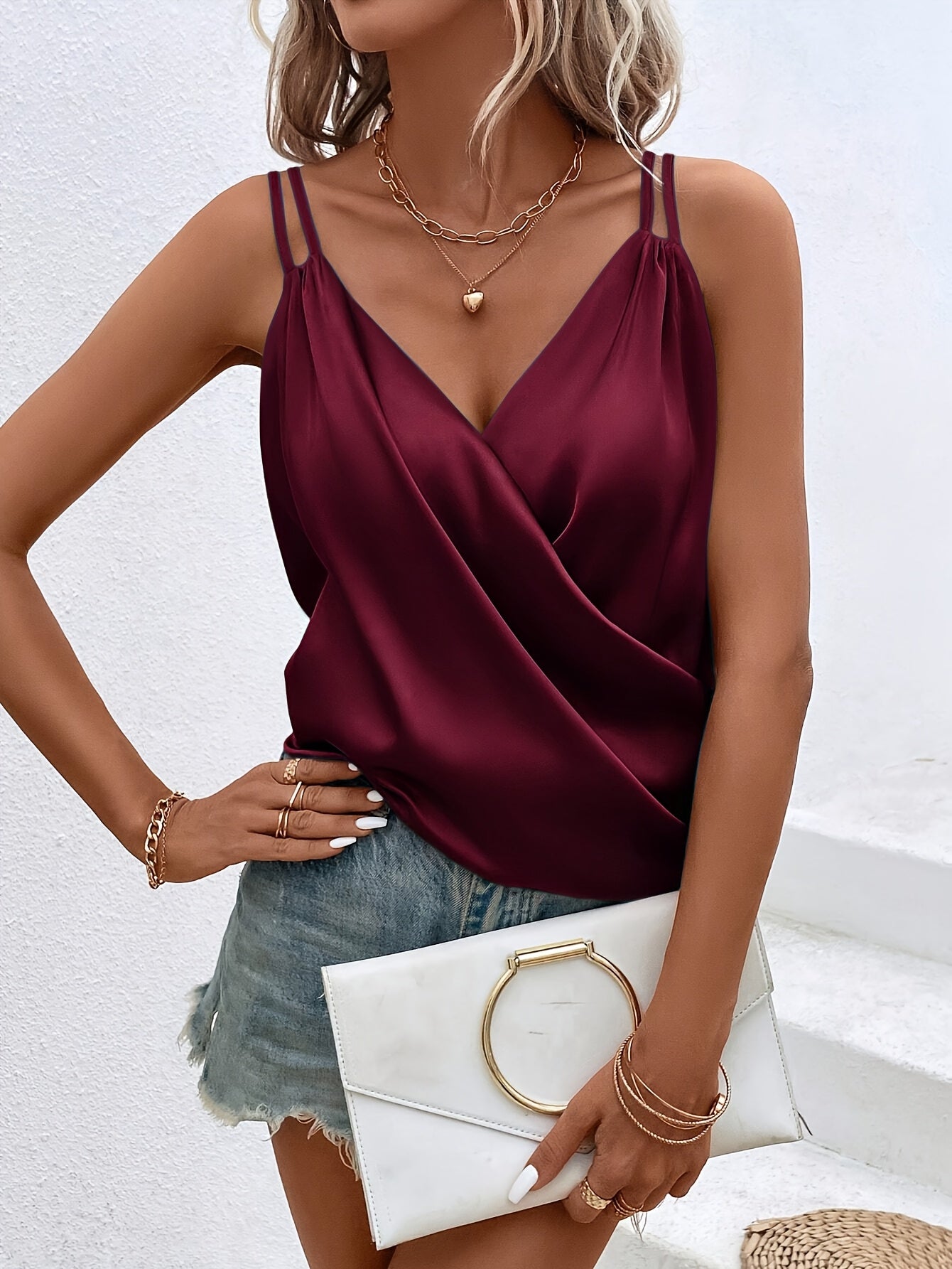 Alicia | Dames Satijnen Wikkel V-Hals Mouwloze Top - Elegante Blouse met Ruches