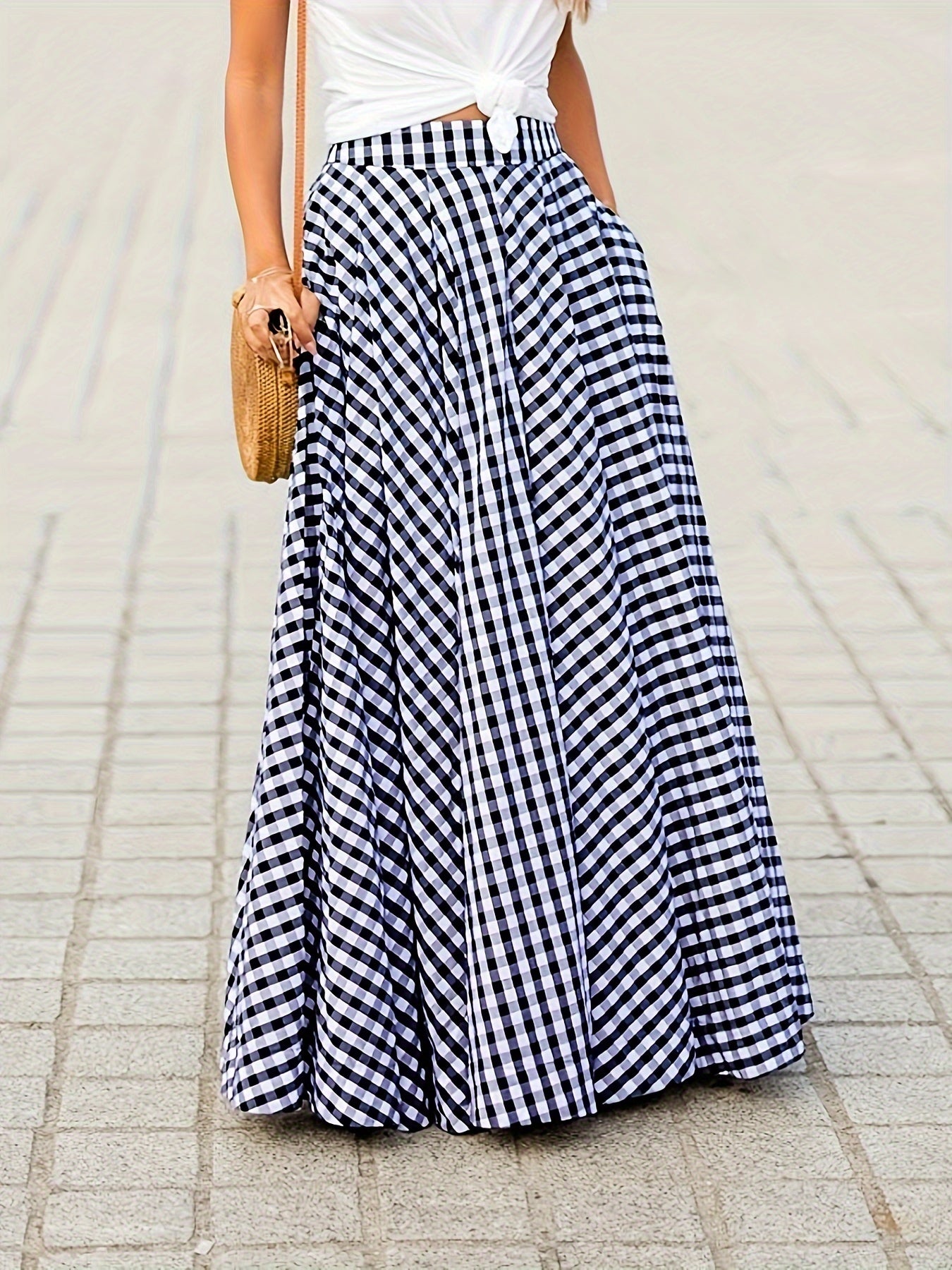 Mirthea | Gingham midirok voor dames - hoge taille, vloeiende A-lijn, elegant en lichtgewicht