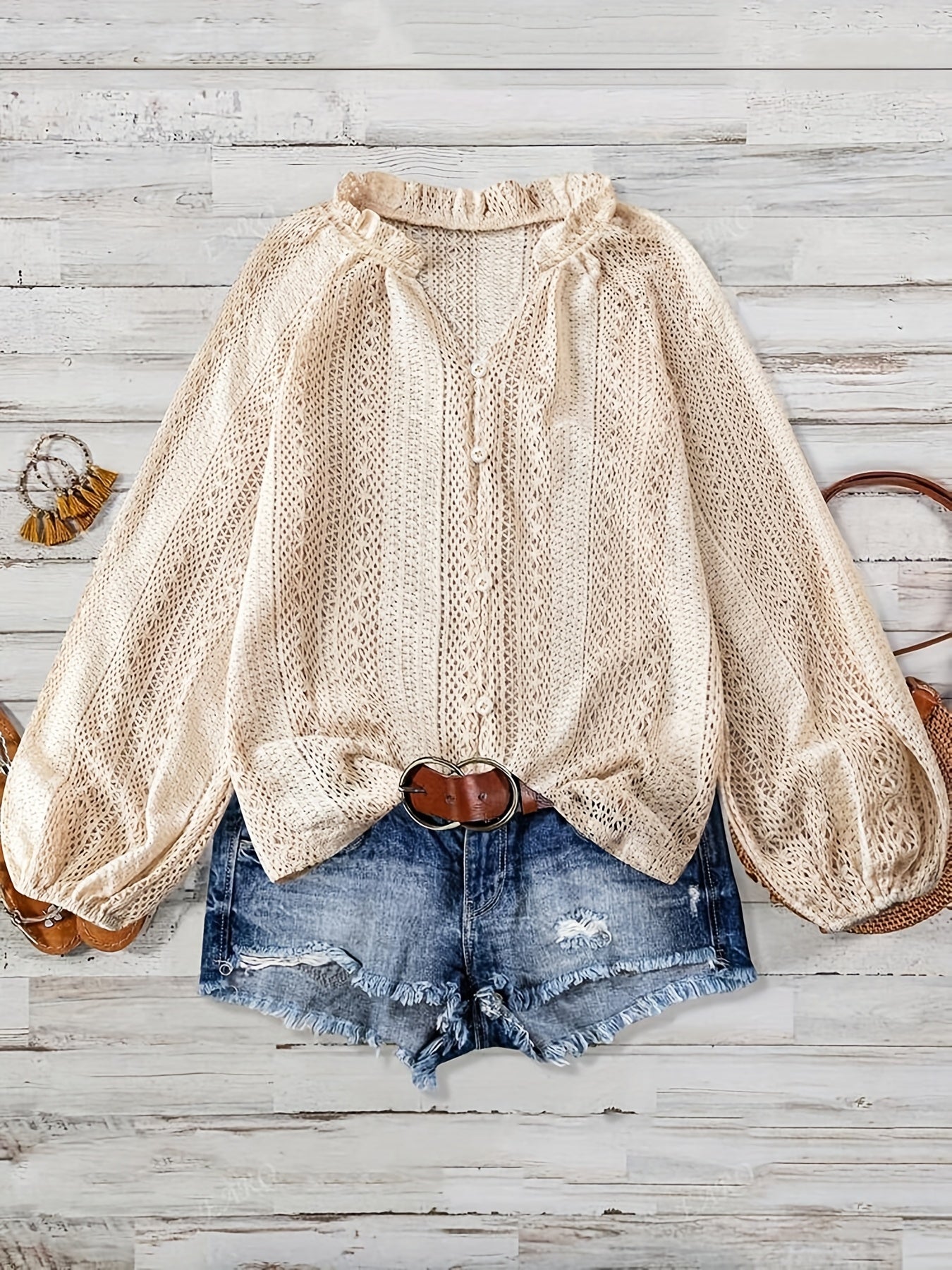 Feylira | Casual damesblouse met V-hals en kant – Lange mouwen, holle brei, knoopsluiting, semi-transparante