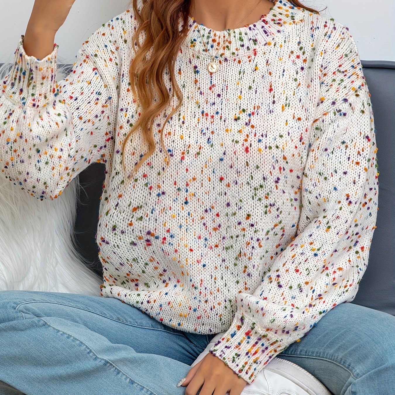Noryssa | Minimalistische gebreide trui met confetti-print, ronde hals - Knusse Herfst Winter Trui voor vrouwen