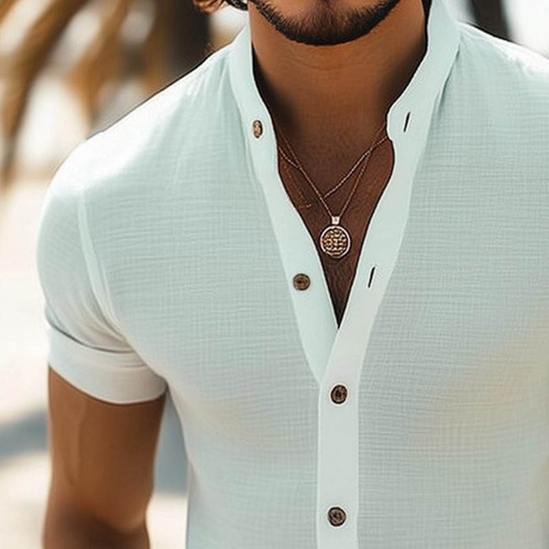Elandor | Herenoverhemd met getextureerde opstaande kraag en korte mouwen - Lichtgewicht casual top