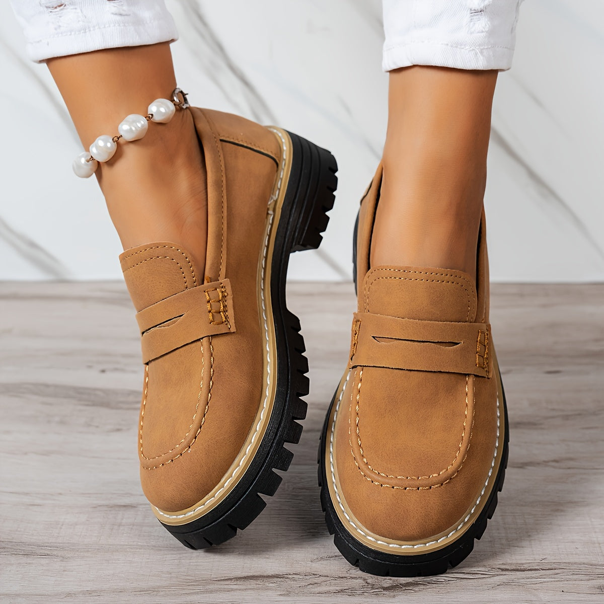 LoaferMax | Dames Retro Chunky Slip-On Loafers - Faux Leather Penny Loafers