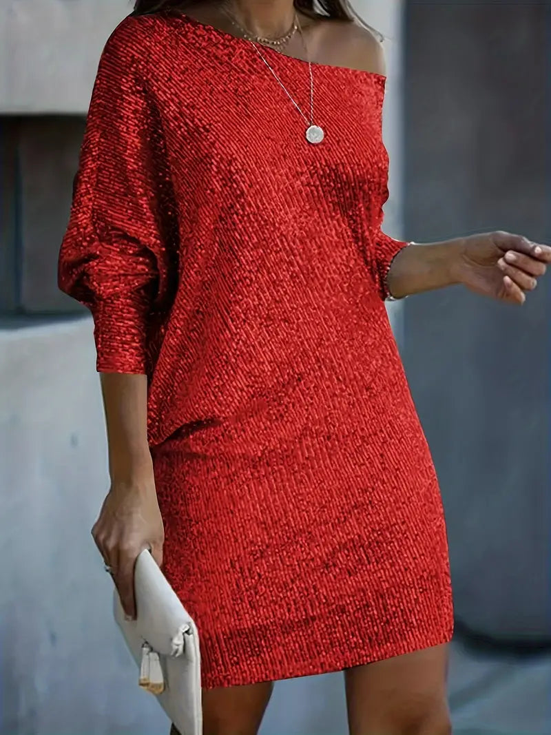 Anitra | Elegante off-shoulder mini-jurk met pailletten voor dames – lange mouwen, feest- en cocktailjurk
